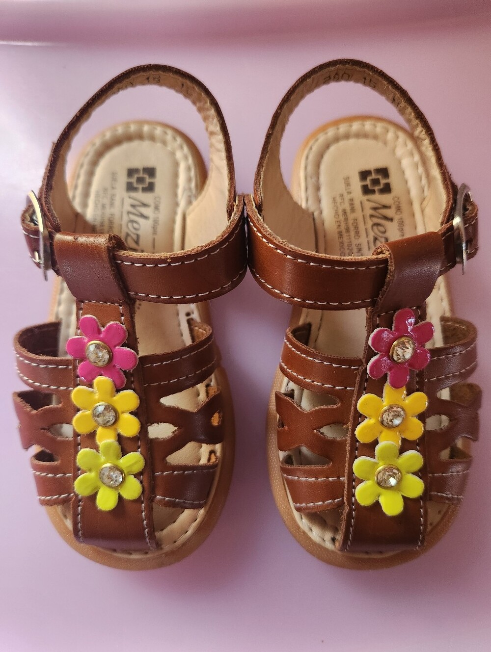 Mezitas - Brown Girls Sandals with Pink & Yellow Flower Accents - Toddler Size 8